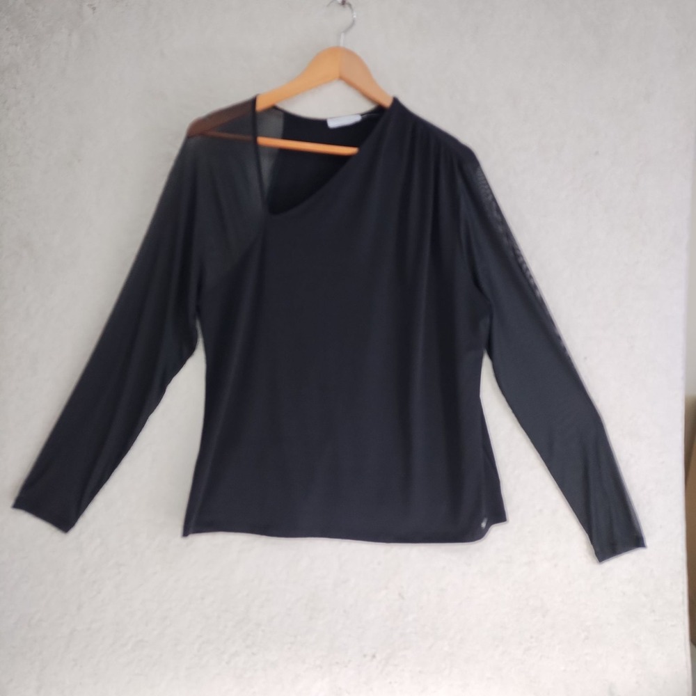 Calvin Klein Top Womens L Black Sheer Mesh One Shoulder Long Sleeve Draped